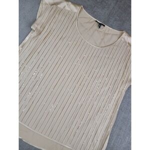 Eileen Fisher Blouse Womens M PET Gold Silk Short Sleeve Sheer Sequin Accents